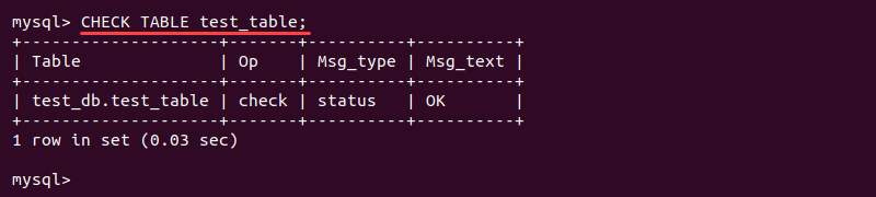 Output of the CHECK TABLE MySQL query