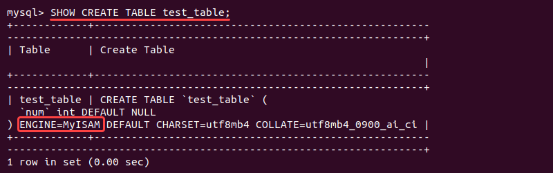 Checking database table engine using SHOW CREATE TABLE